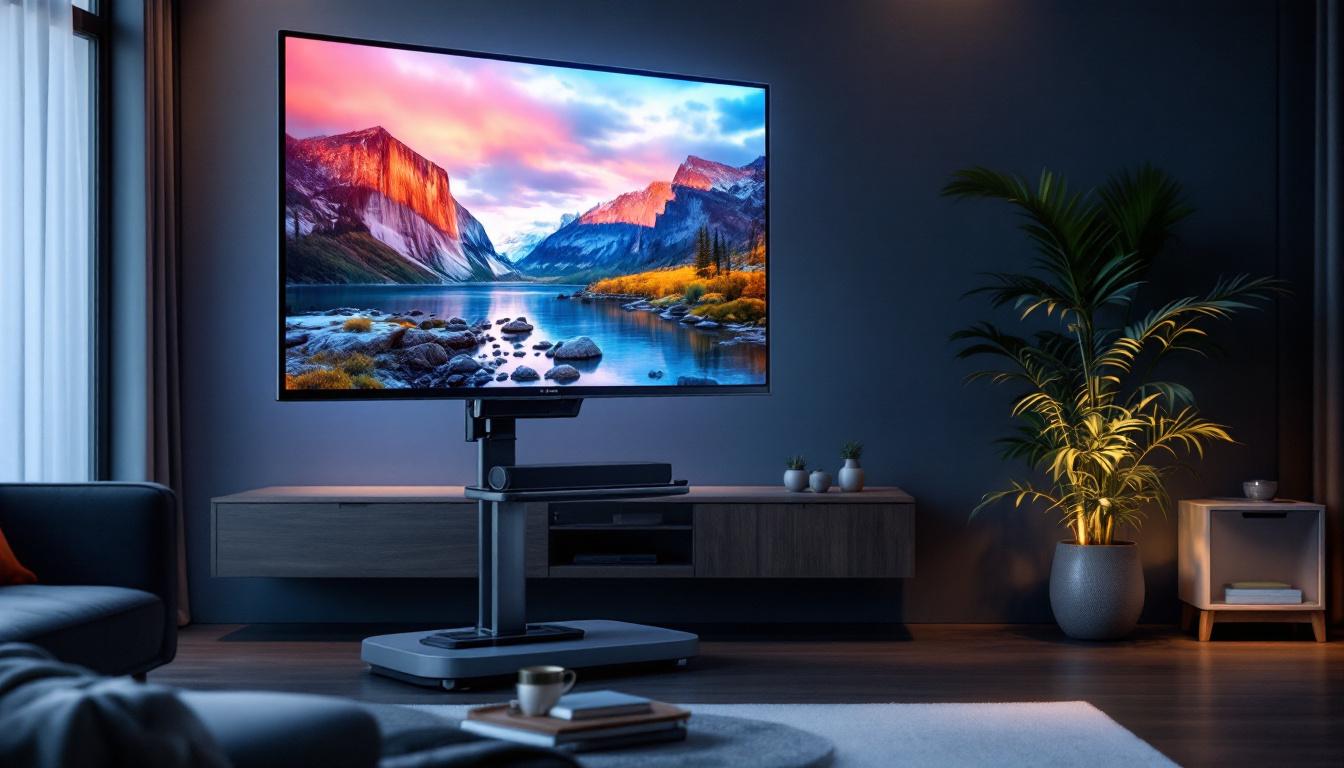 A photograph of capture a photograph of a sleek motorized tv cart with an led display prominently showcased