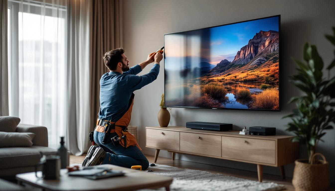 A photograph of a professional installing a wall-mounted led tv in a modern living room setting