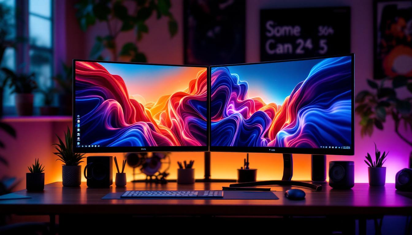 A photograph of capture a photograph of a sleek dual monitor setup featuring two 24-inch led displays