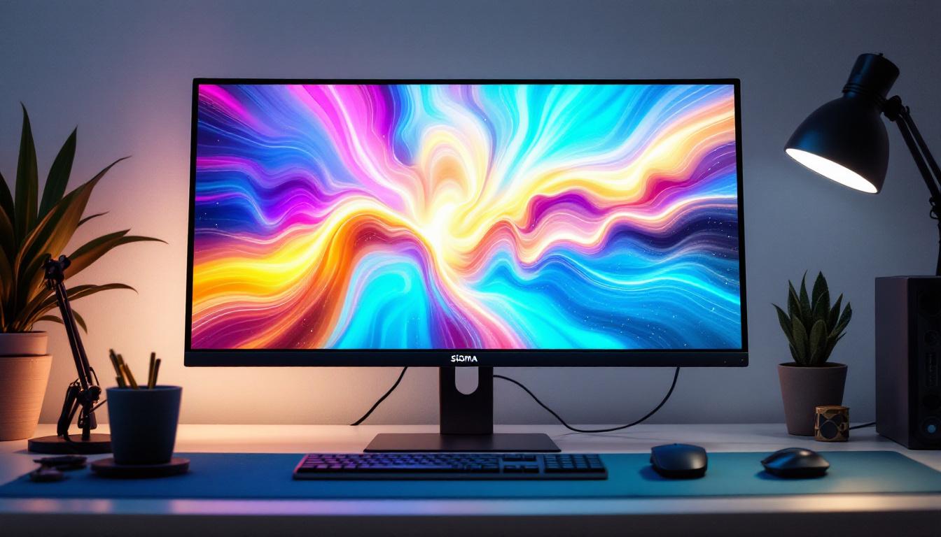 A photograph of a modern widescreen desktop monitor displaying vibrant led graphics
