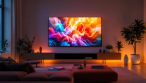 A photograph of a modern living room featuring a large led flatscreen display