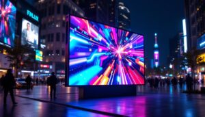 A photograph of a vibrant outdoor led display showcasing dynamic visuals and bright colors