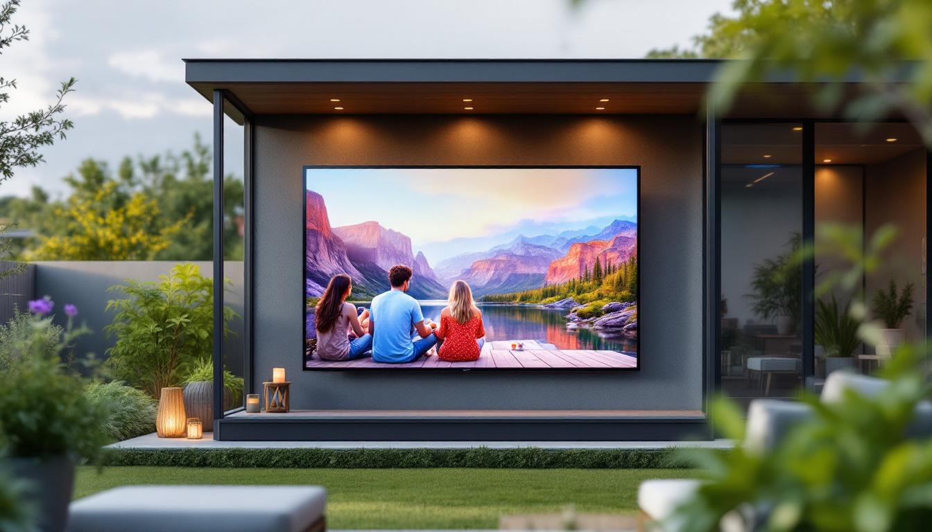 A photograph of a stylish outdoor tv case showcasing an led display in a vibrant outdoor setting