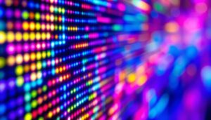A photograph of a close-up shot of a vibrant led display showcasing dynamic colors and patterns