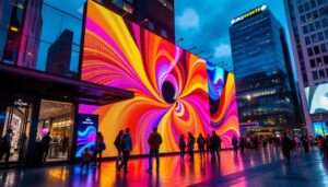A photograph of a vibrant led display in a bustling urban setting in standish