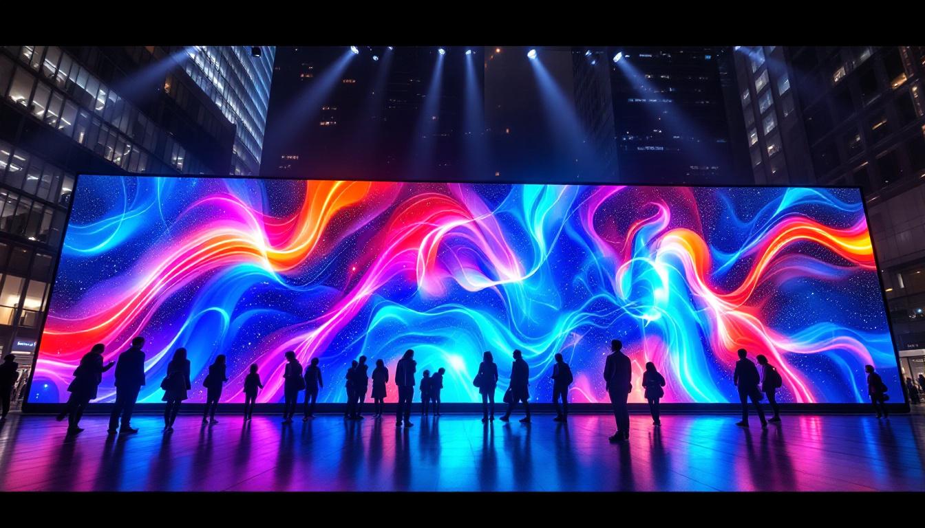 A photograph of a vibrant led wall display in an urban setting