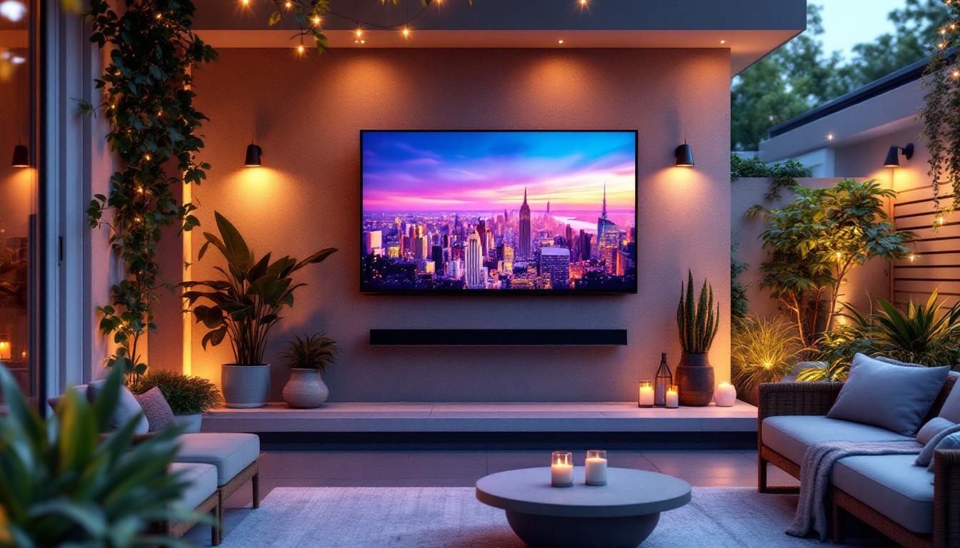 A photograph of a vibrant outdoor setting featuring a high-quality led tv mounted on a stylish patio or backyard wall