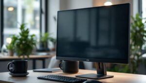 A photograph of a 27-inch led display with a privacy screen filter in use