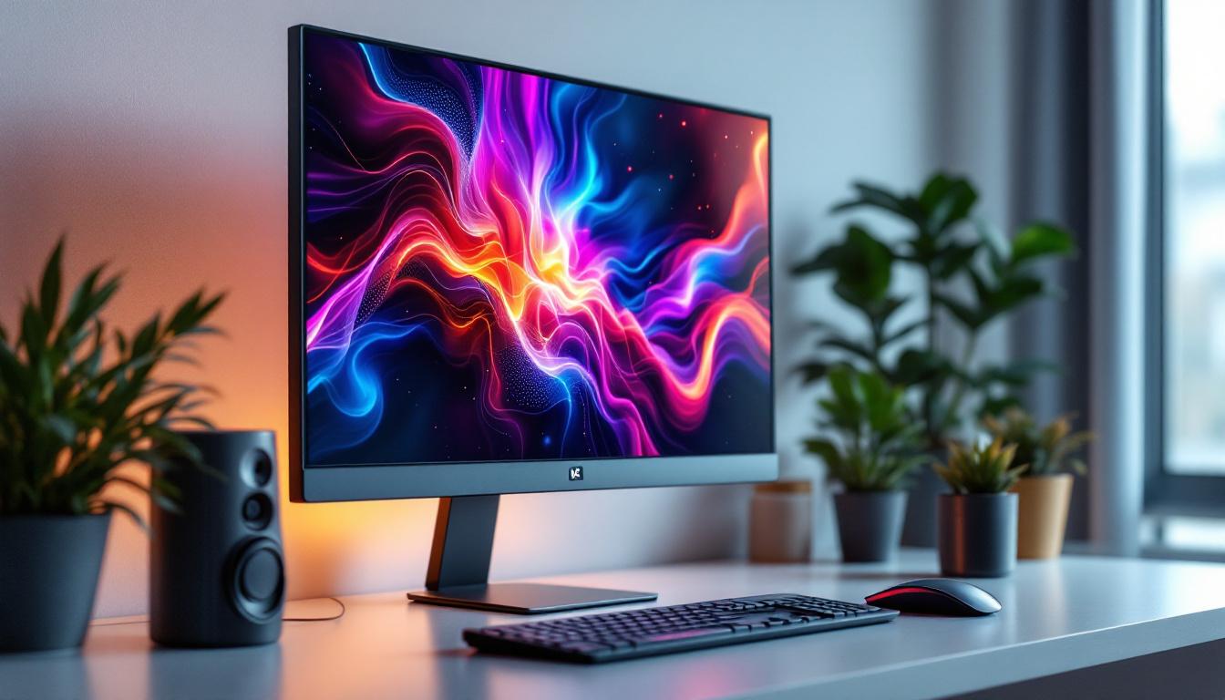 A photograph of a sleek 24-inch led computer monitor displaying vibrant colors and sharp graphics