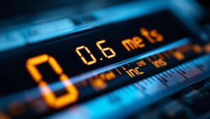 A photograph of a close-up of a digital led display showing the conversion of 0.6 meters to inches