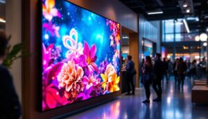 A photograph of a vibrant led display in a modern setting