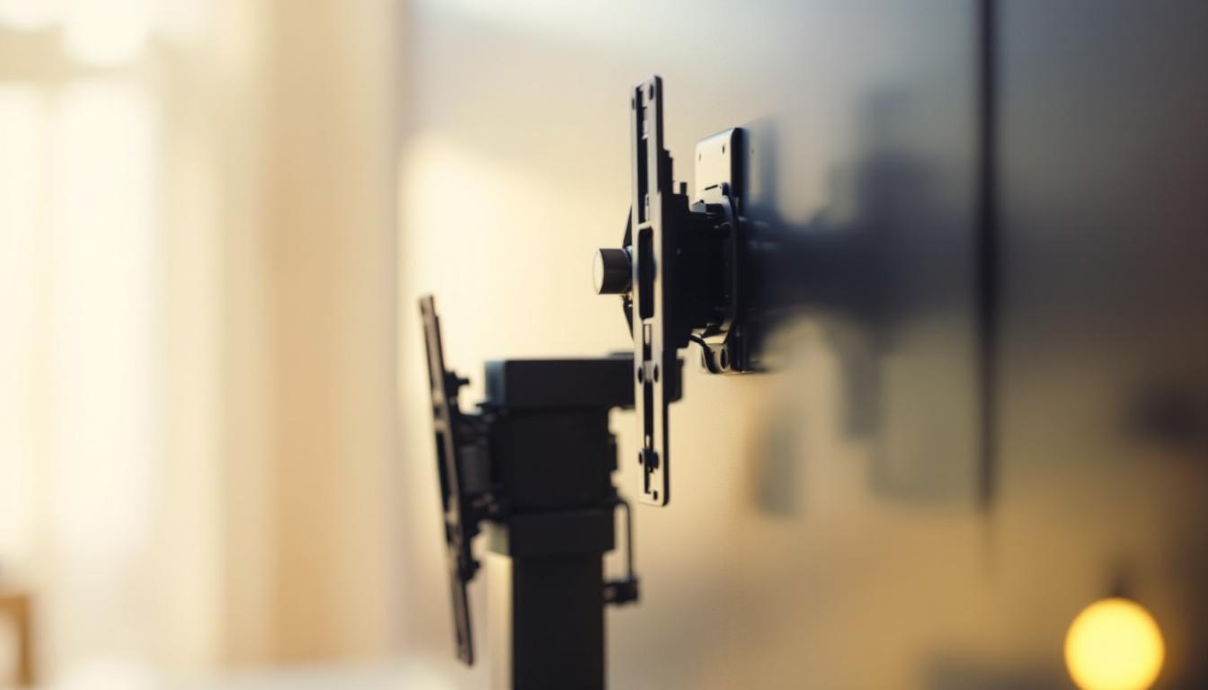 A photograph of a close-up view of a tv monitor bracket assembly