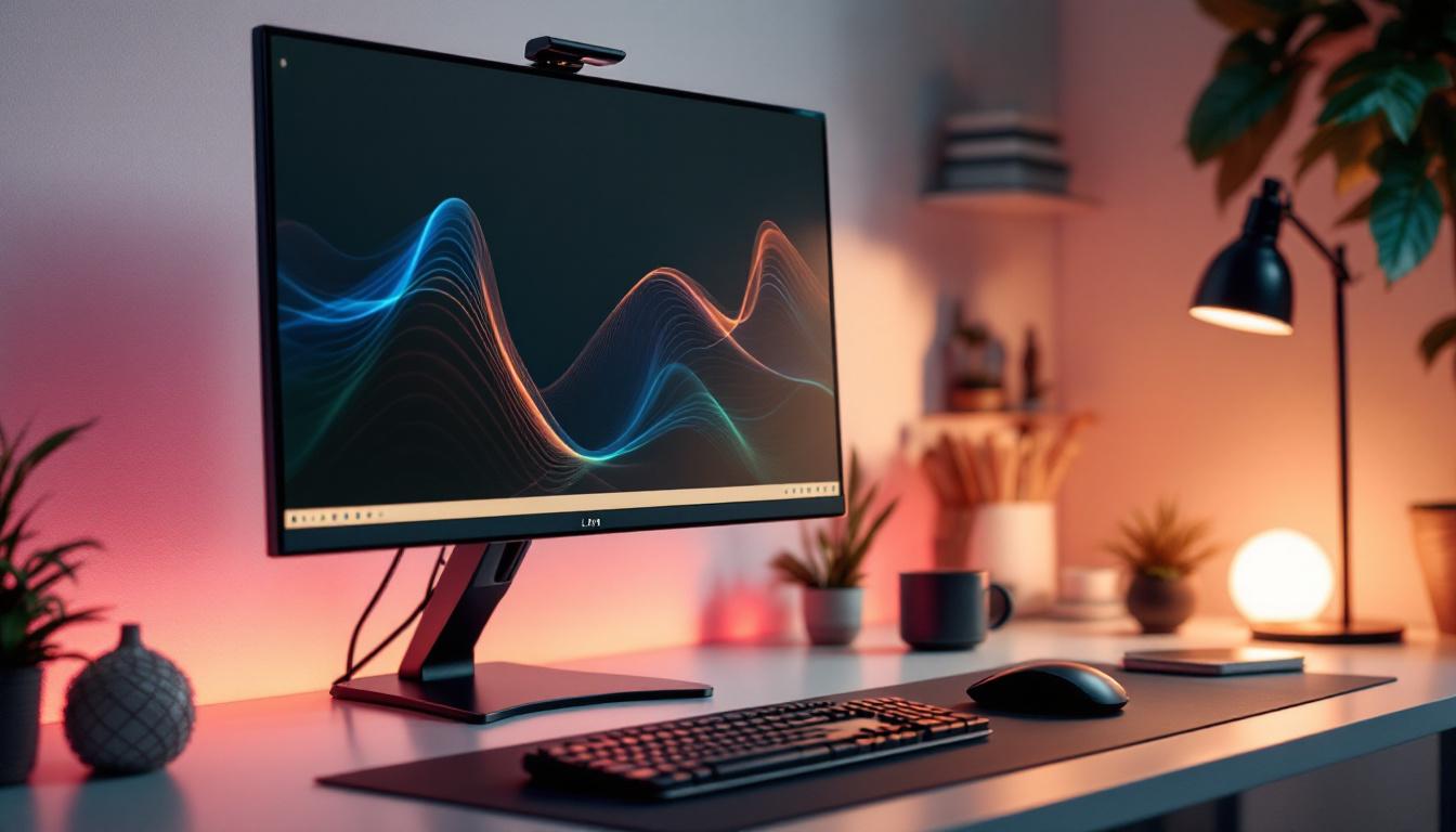 A photograph of a stylish desktop setup featuring a modern led monitor on an adjustable stand