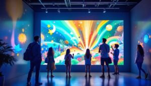 A photograph of a vibrant interactive wall projector in action
