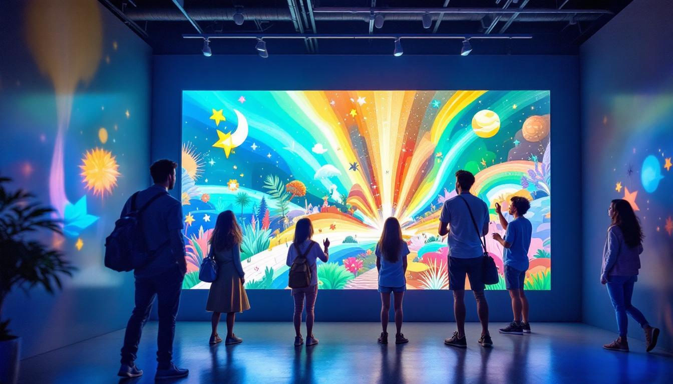 A photograph of a vibrant interactive wall projector in action