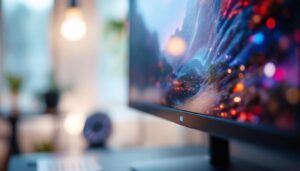 A photograph of a close-up view of a 36-inch led monitor displaying vibrant