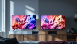 A photograph of a side-by-side comparison of an led tv and an lcd tv