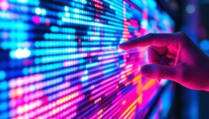 A photograph of a close-up of a vibrant led display in action