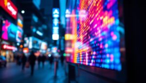 A photograph of a vibrant led display in a bustling urban environment