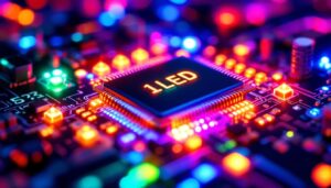 A photograph of a close-up of a vibrant led chip illuminated in various colors