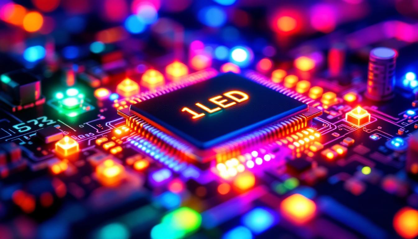 A photograph of a close-up of a vibrant led chip illuminated in various colors