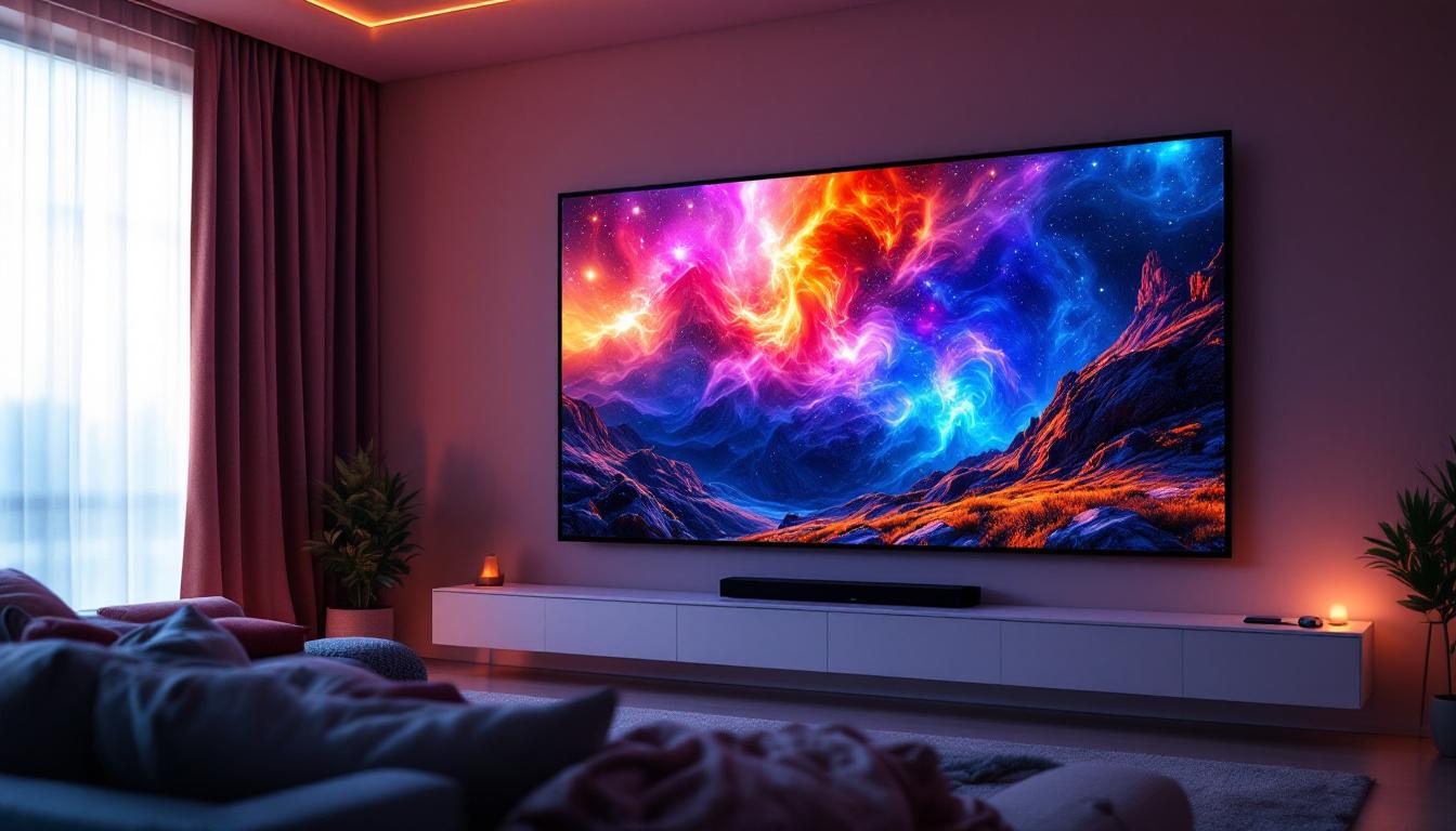 A photograph of a large 110-inch projector screen displaying a vibrant led image in a cozy home theater setting