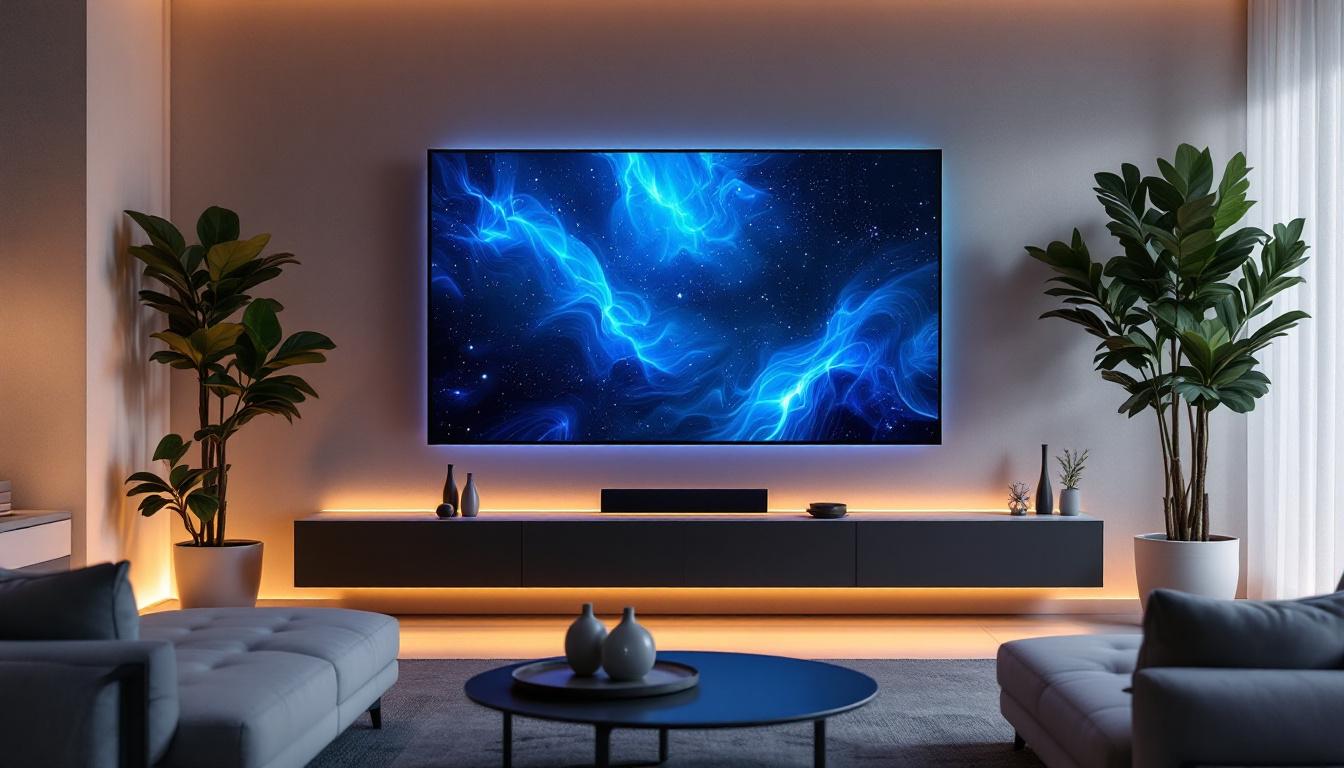 A photograph of a stylish living room featuring a modern led wall display