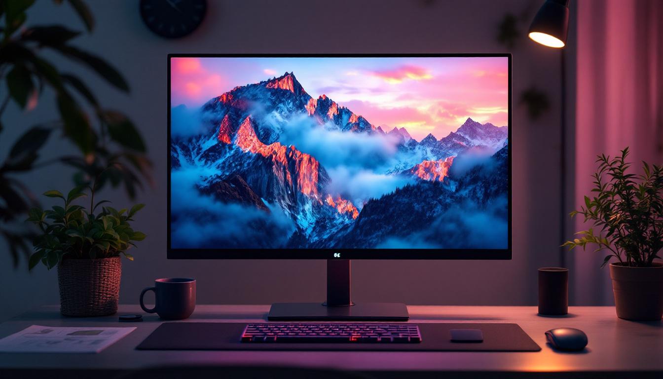 A photograph of a sleek 25-inch led monitor displaying vibrant colors and sharp images