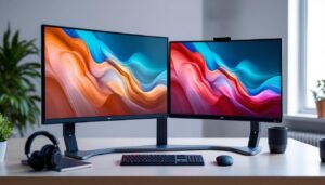 A photograph of a sleek dual monitor stand setup featuring two led displays
