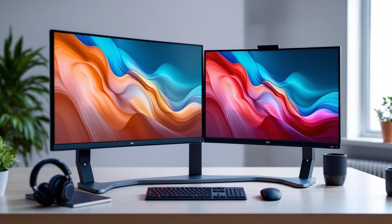 A photograph of a sleek dual monitor stand setup featuring two led displays