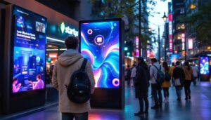 A photograph of a vibrant digital display kiosk showcasing dynamic led graphics in an engaging urban environment
