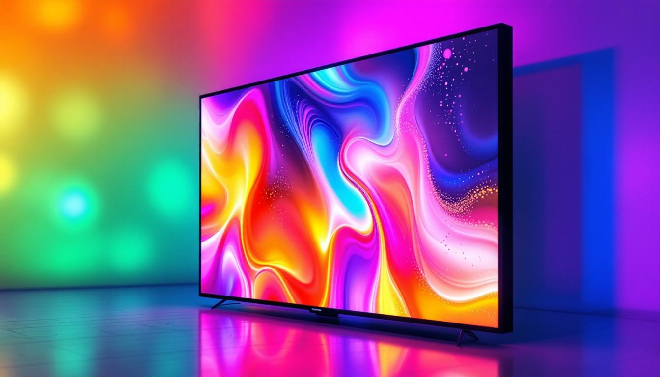 A photograph of a vibrant plasma display screen showcasing a dynamic