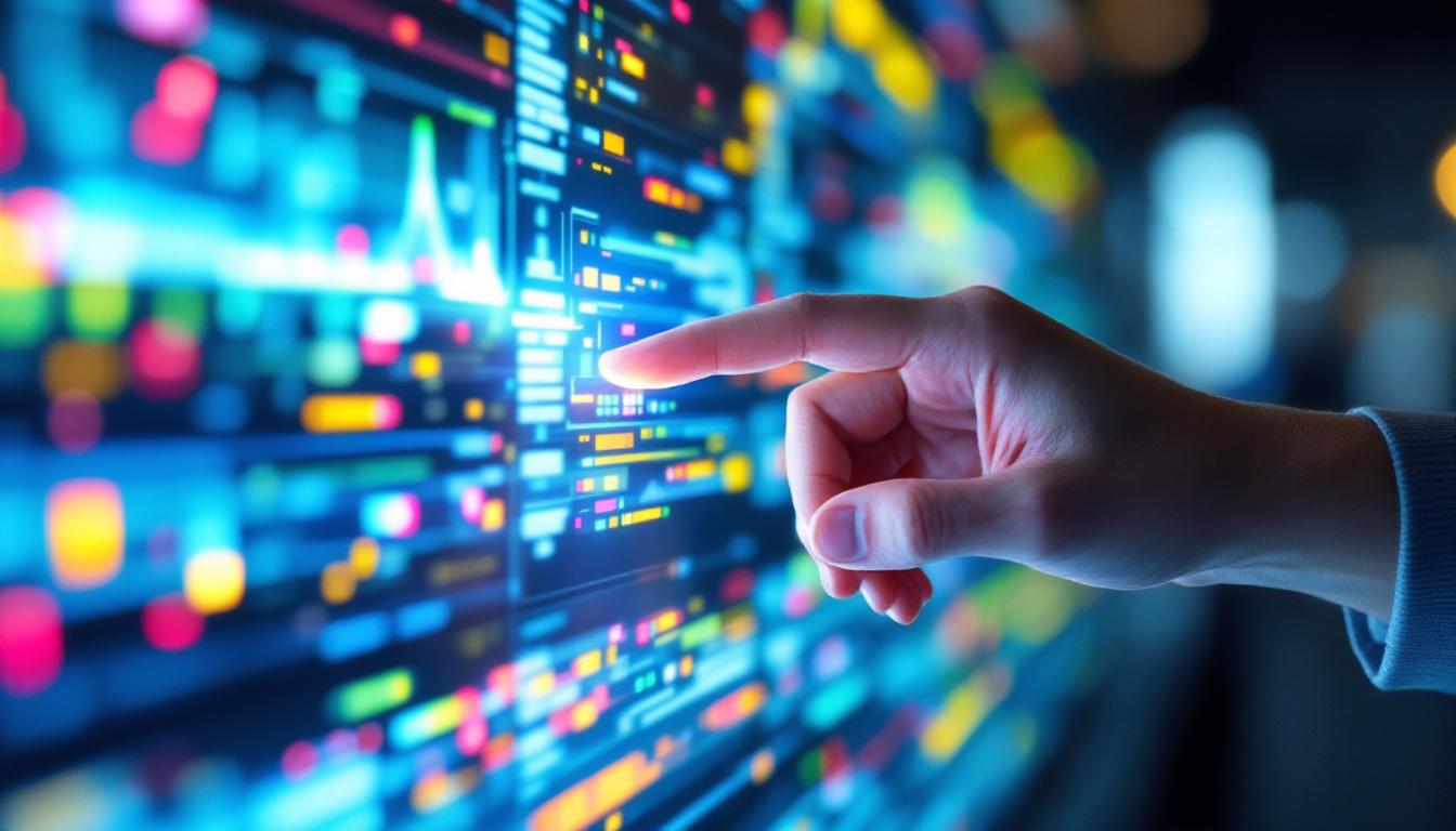 A photograph of a close-up shot of a hand interacting with a vibrant touch screen led display