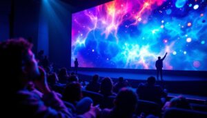 A photograph of a vibrant led display in a cinematic setting