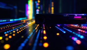 A photograph of a close-up view of a projector displaying vibrant