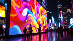 A photograph of a vibrant led display in a dynamic urban setting