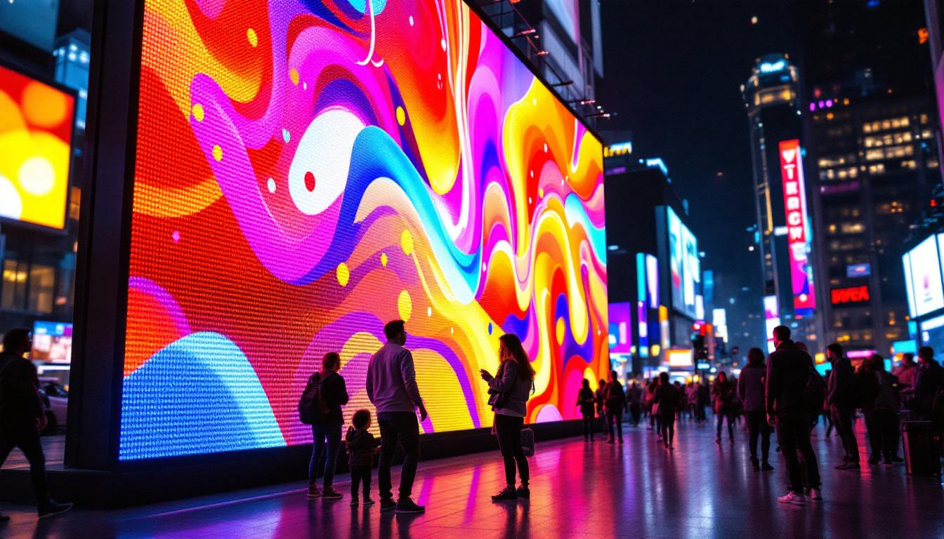 A photograph of a vibrant led display in a dynamic urban setting