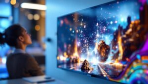 A photograph of a vibrant led display showcasing a dynamic visual