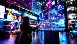 A photograph of capture a photograph of a vibrant led display in a dynamic urban setting