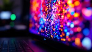 A photograph of a close-up of an lcd screen displaying vibrant colors and images