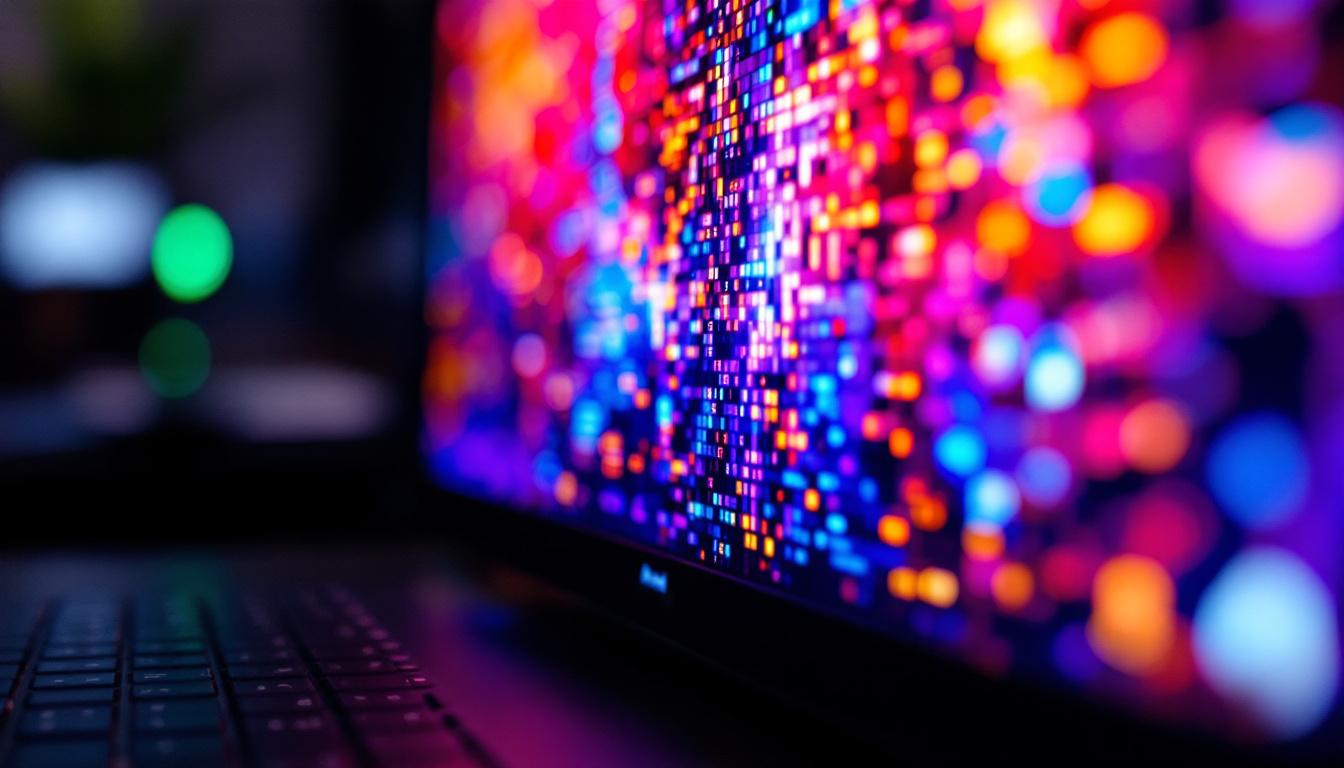 A photograph of a close-up of an lcd screen displaying vibrant colors and images