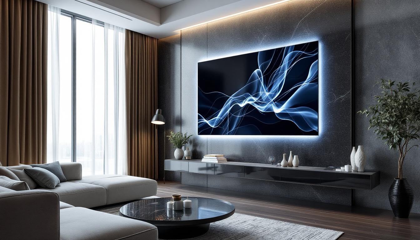 A photograph of a stylish interior featuring luxury wall panels integrated with an led display