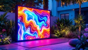 A photograph of a vibrant outdoor setting featuring an eye-catching led display art piece