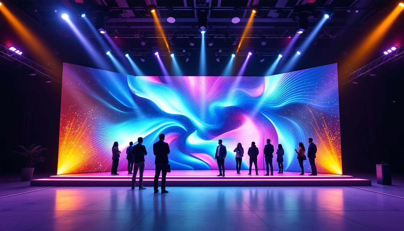 A photograph of a vibrant event backdrop stand featuring an eye-catching led display