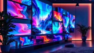 A photograph of a vibrant video wall composed of multiple led tvs displaying dynamic visuals