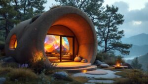 A photograph of a beautifully crafted cob home featuring an eye-catching led display that showcases vibrant colors and dynamic visuals