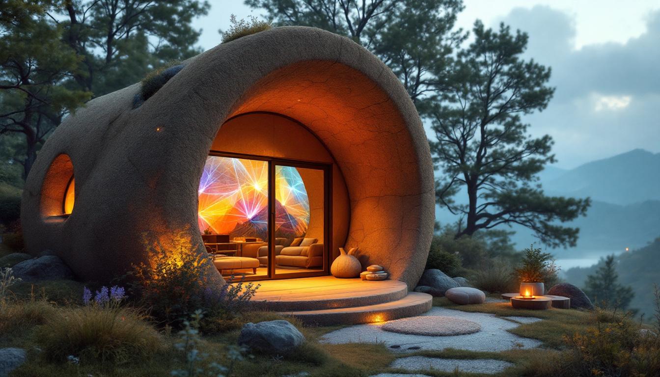 A photograph of a beautifully crafted cob home featuring an eye-catching led display that showcases vibrant colors and dynamic visuals