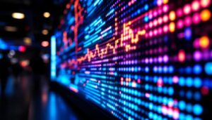 A photograph of a close-up of a vibrant led display showcasing dynamic visuals or text