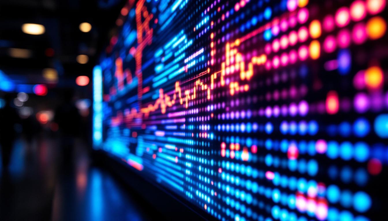 A photograph of a close-up of a vibrant led display showcasing dynamic visuals or text
