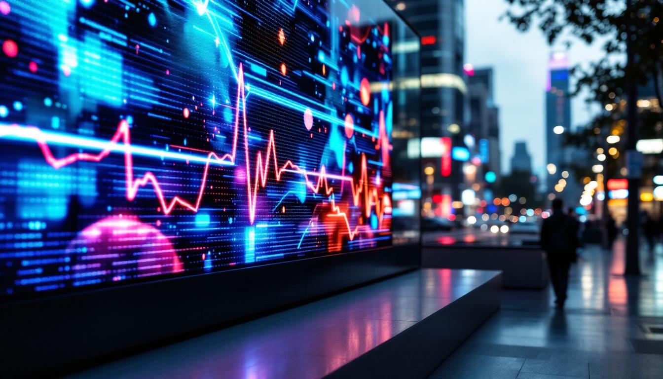 A photograph of a vibrant led wall display in an urban setting